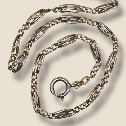 Antique Victorian Niello Silver & 9ct Rose Gold Vermeil Necklace - Victorian Chain MB43