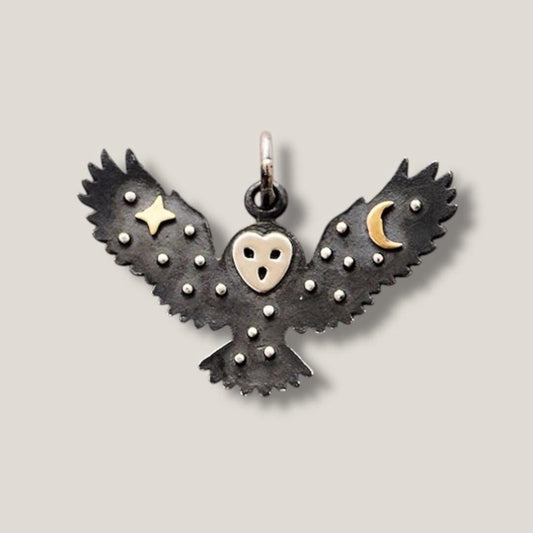 Sterling Silver Owl Charm: Bronze Star Moon, Feng Shui Wisdom