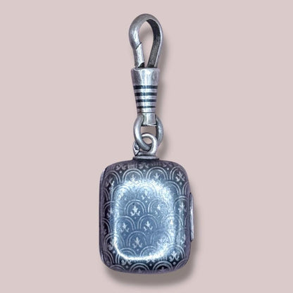 Antique Victorian 800 Silver Niello Locket Pendant, Fleur-de-lis Pattern, Daguerreotypes Included