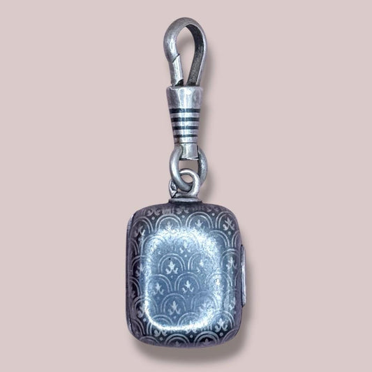 Antique Victorian 800 Silver Niello Locket Pendant, Fleur-de-lis Pattern, Daguerreotypes Included