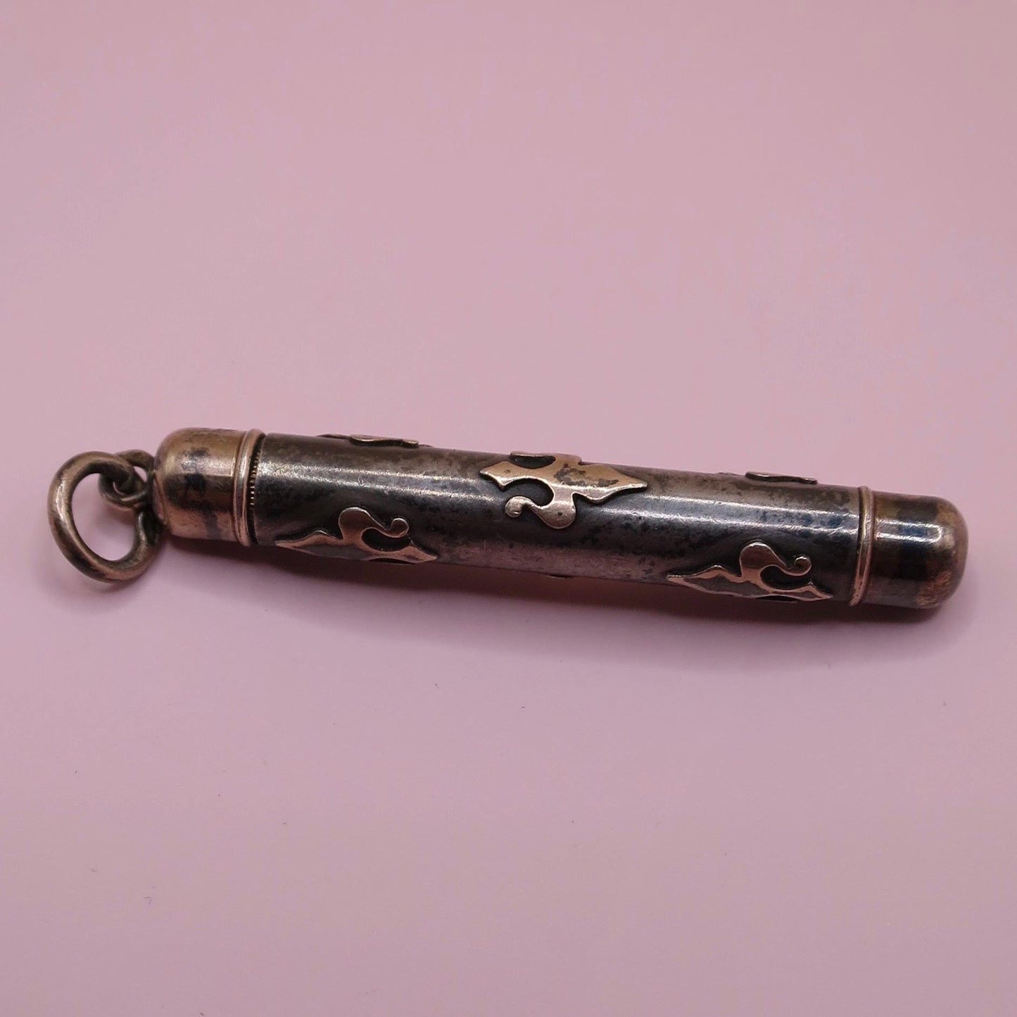Antique Niello Silver Fleur-de-lis Pendant, Rose Gold Gilt N20