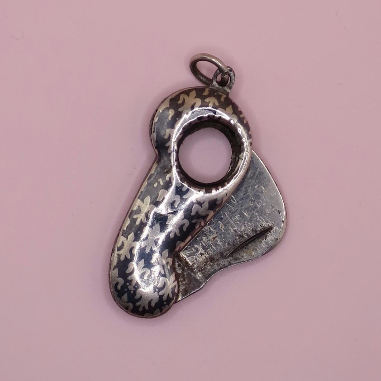 Antique Victorian 800 Silver Fleur-de-lis Cigar Cutter Niello Pendant, 1.5" inches; 7 grams N11