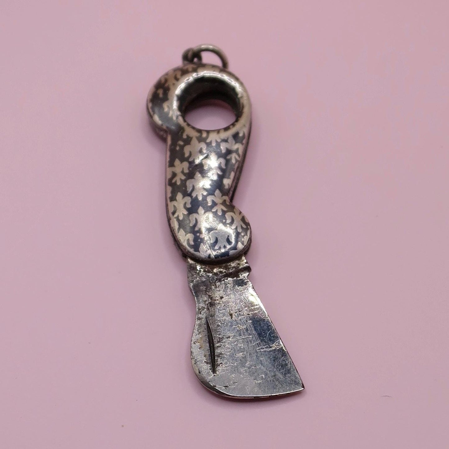 Antique Victorian 800 Silver Fleur-de-lis Cigar Cutter Niello Pendant, 1.5" inches; 7 grams N11