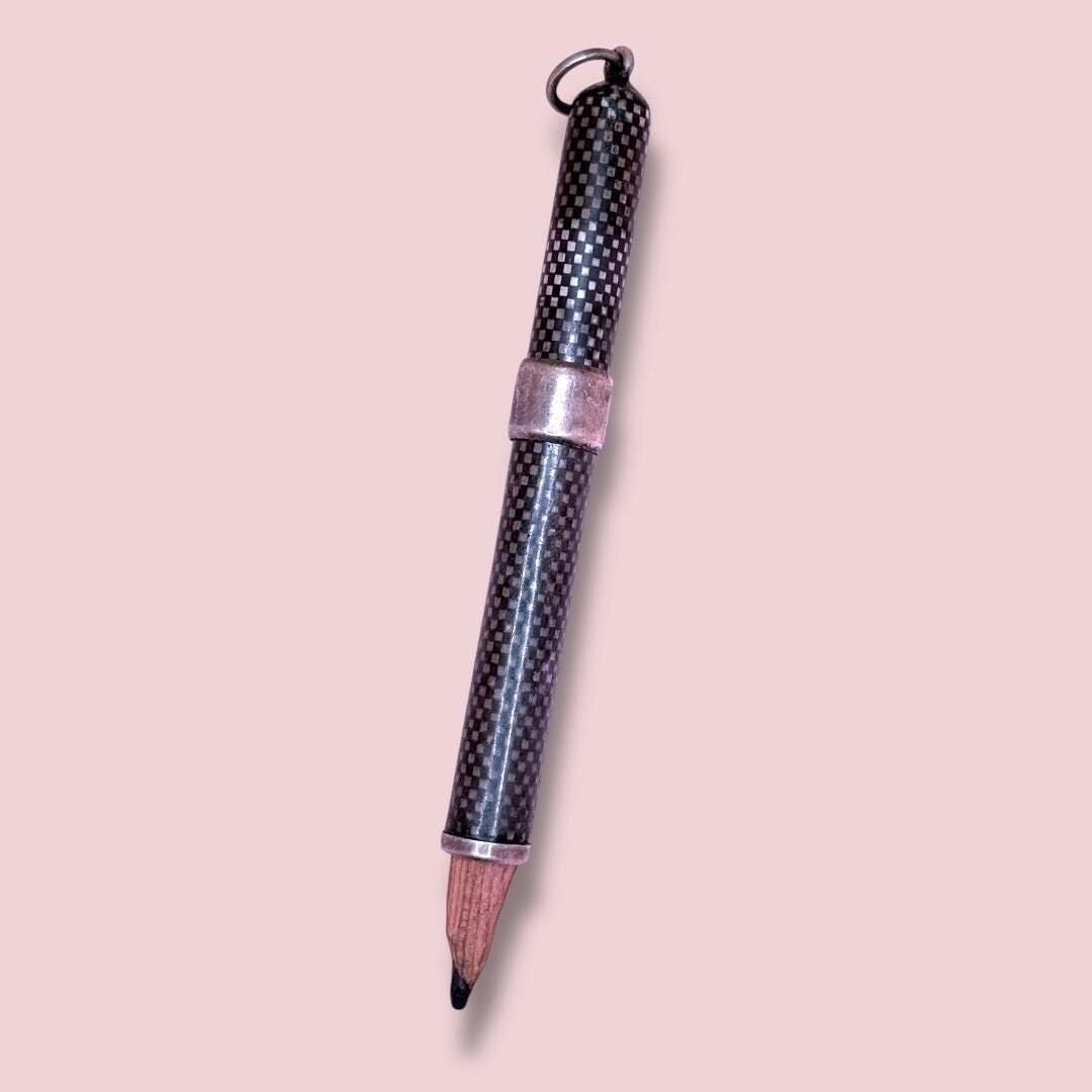 Antique Victorian Niello Silver Checkered Pattern Working Pencil Pendant, 8.8 grams N4