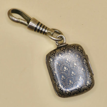 Antique Victorian 800 Silver Niello Locket Pendant, Fleur-de-lis Pattern, Daguerreotypes Included