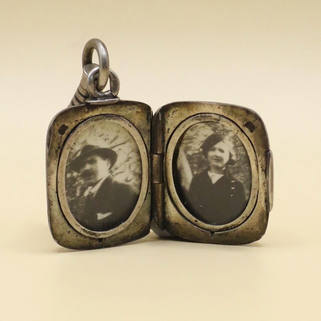 Antique Victorian 800 Silver Niello Locket Pendant, Fleur-de-lis Pattern, Daguerreotypes Included