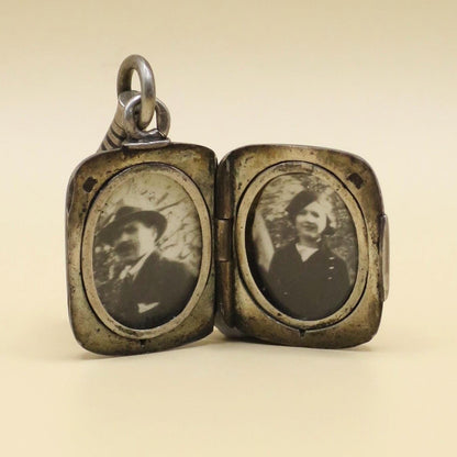 Antique Victorian 800 Silver Niello Locket Pendant, Fleur-de-lis Pattern, Daguerreotypes Included