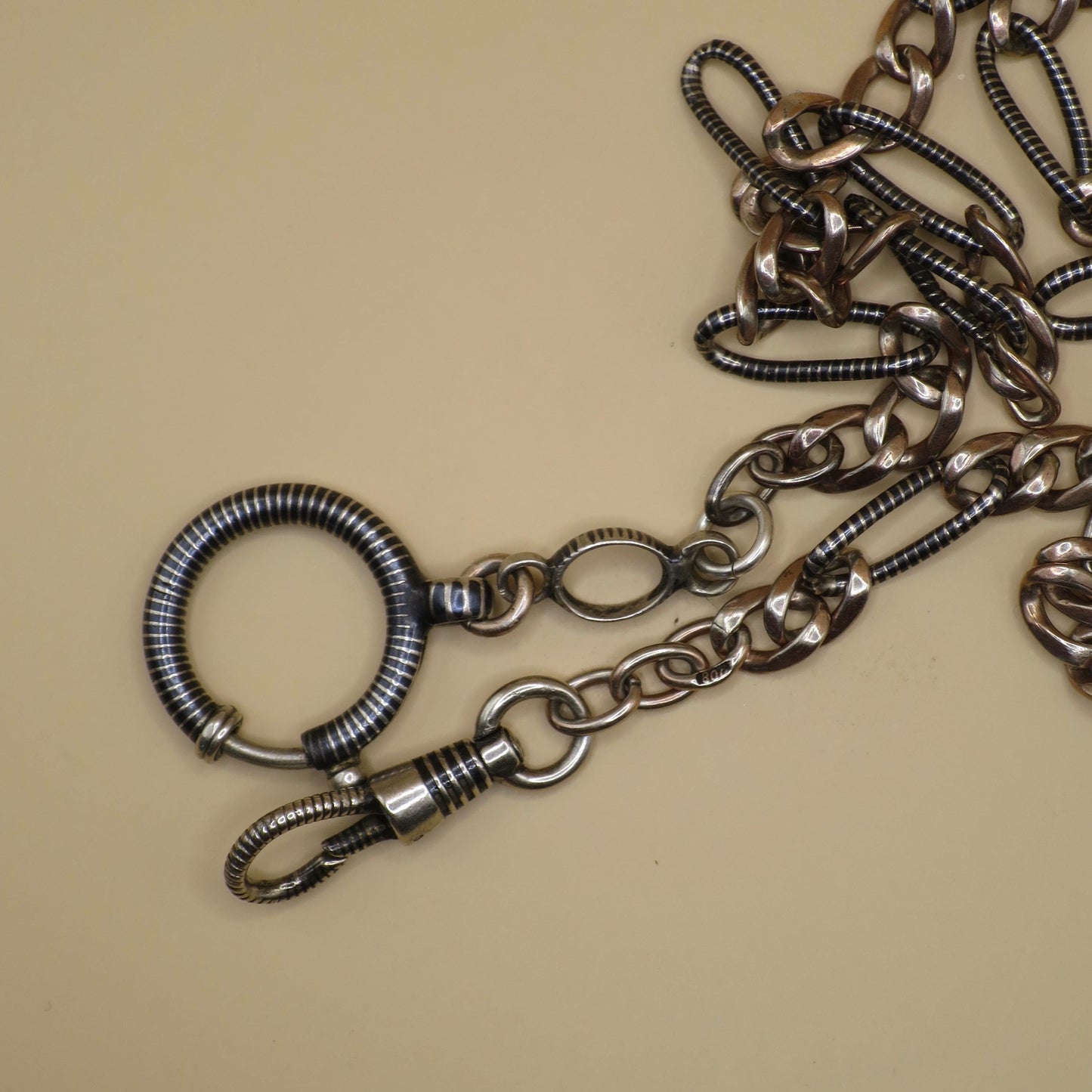 Antique Victorian Niello Silver Pocket Watch Chain Necklace, 18" inches MB9