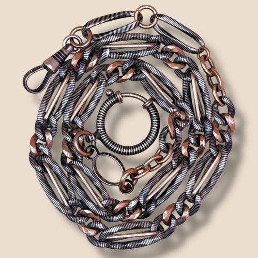 Heavy Antique Victorian Niello 800 Silver & 10k Rose Gold Gilt Curb Chain Necklace MB59