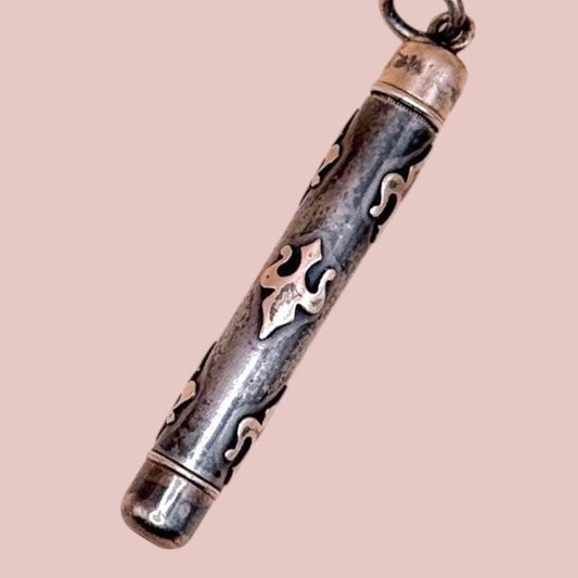 Antique Niello Silver Fleur-de-lis Pendant, Rose Gold Gilt N20