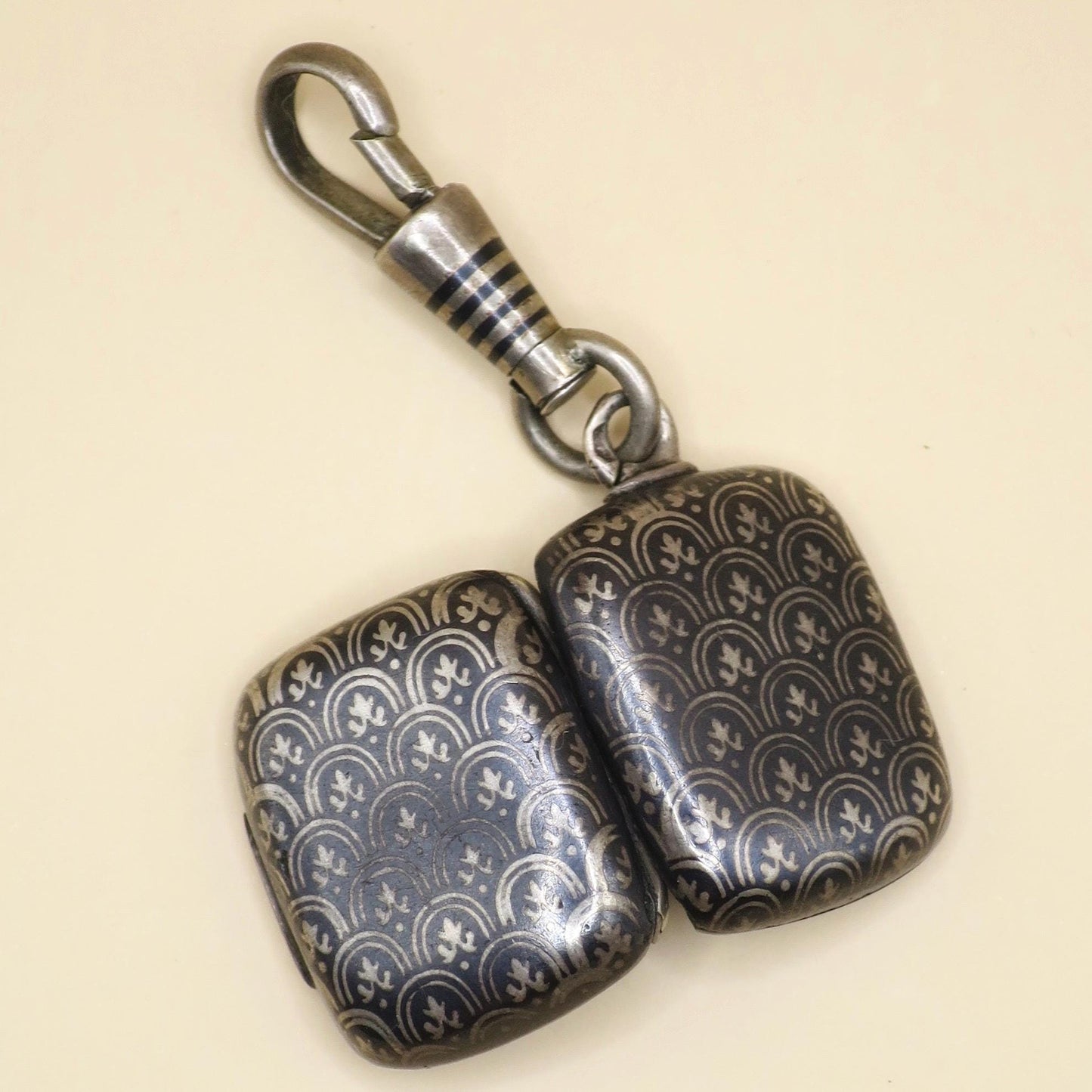 Antique Victorian 800 Silver Niello Locket Pendant, Fleur-de-lis Pattern, Daguerreotypes Included