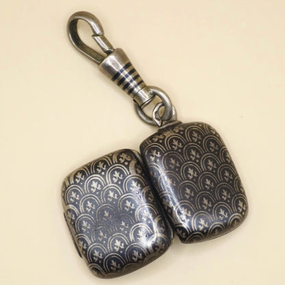 Antique Victorian 800 Silver Niello Locket Pendant, Fleur-de-lis Pattern, Daguerreotypes Included