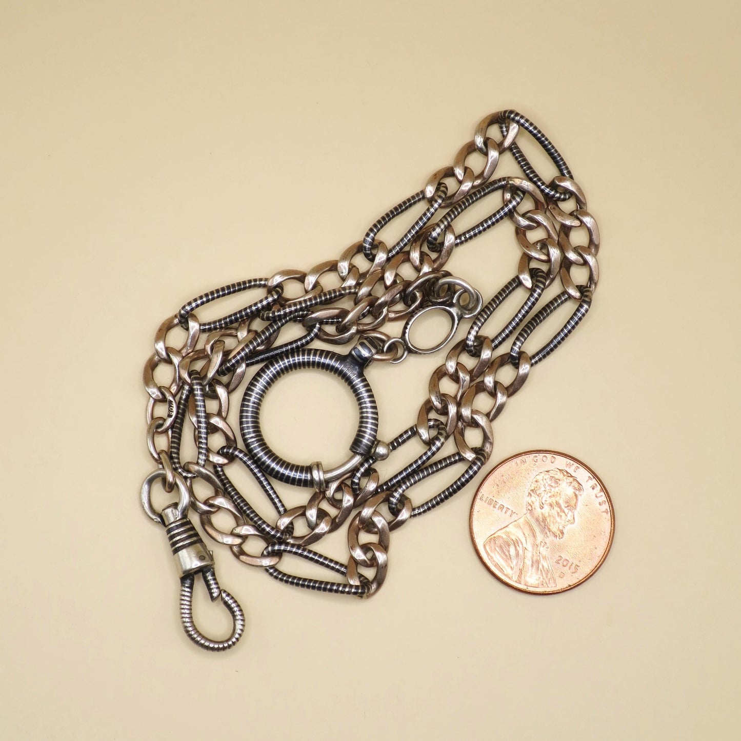 Antique Victorian Niello Silver Pocket Watch Chain Necklace, 18" inches MB9