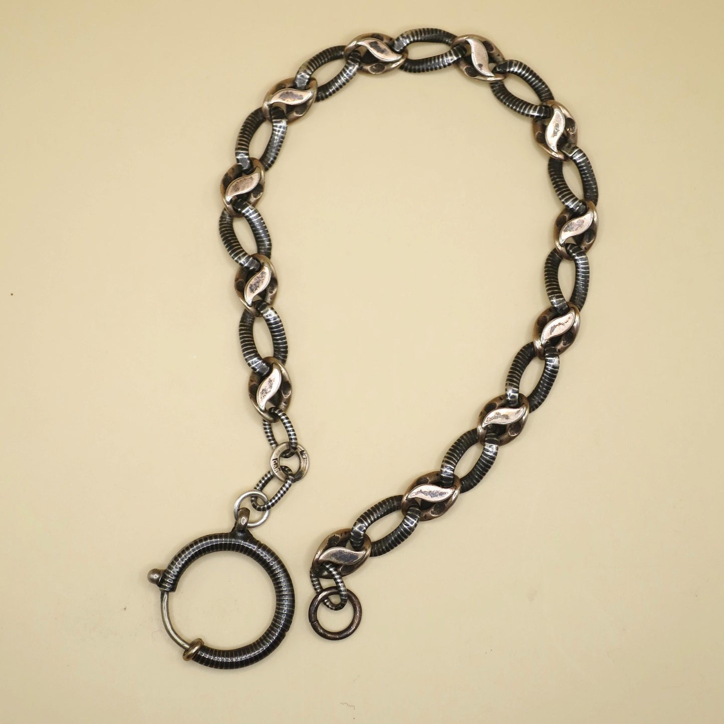 Antique Niello Silver & Rose Gold Vermeil Chain Bracelet, 9.5" Length MB28