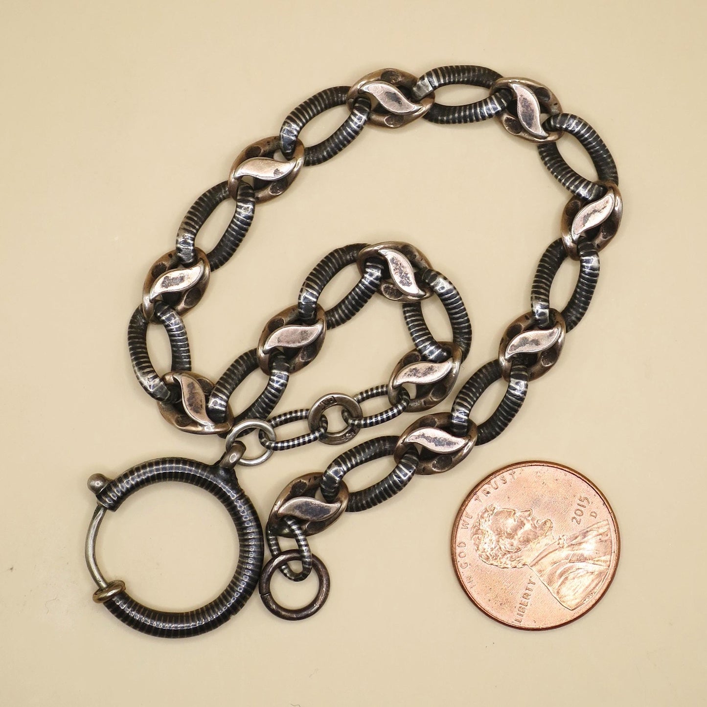 Antique Niello Silver & Rose Gold Vermeil Chain Bracelet, 9.5" Length MB28