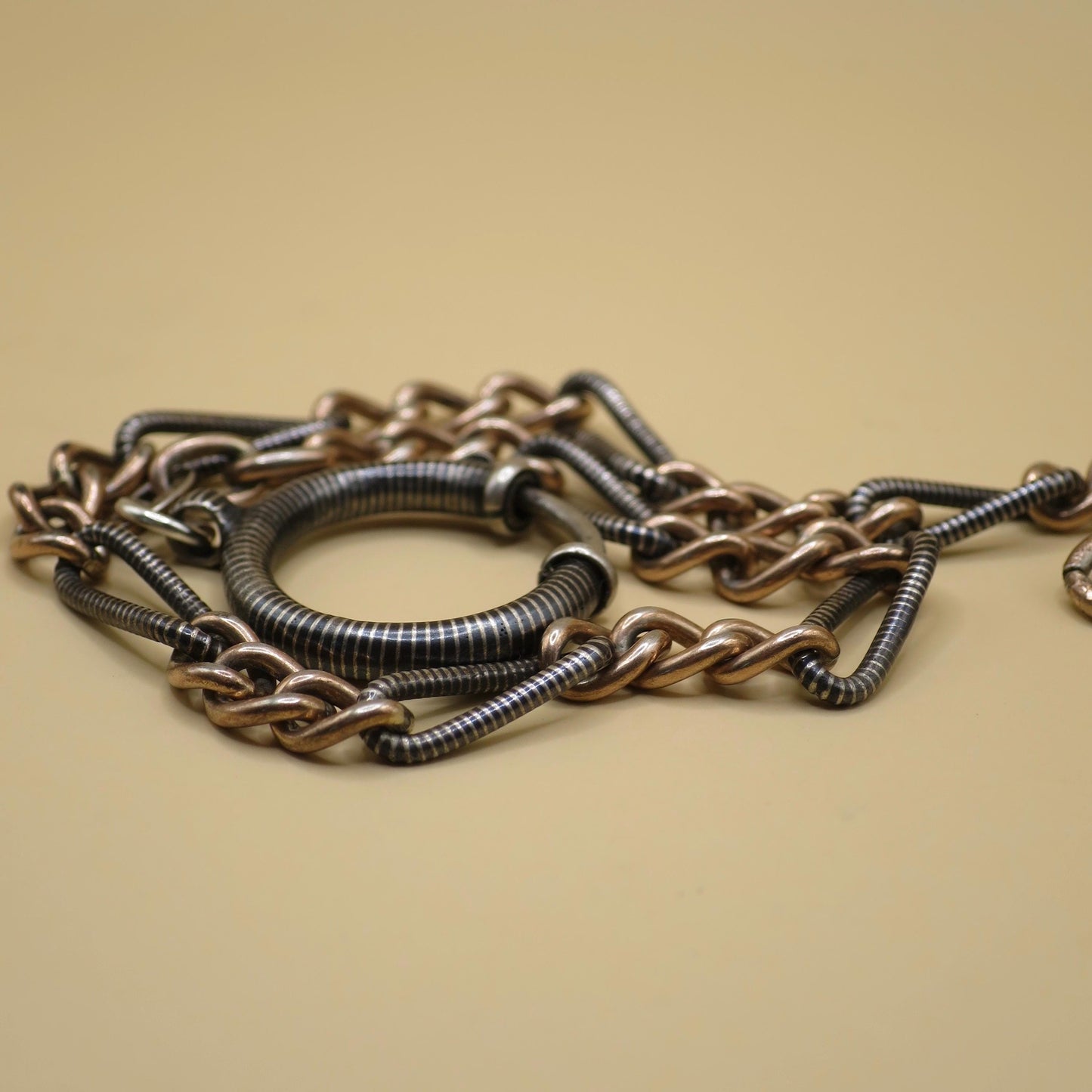 Antique Niello Silver Pocket Watch Chain Bracelet, Rose Gold Vermeil Curb Links MB30