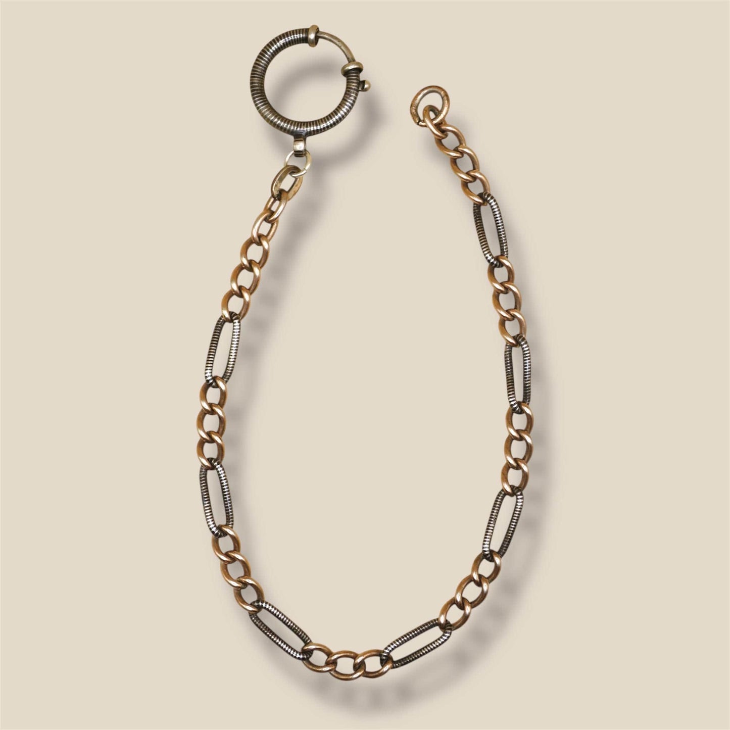 Antique Niello Silver Pocket Watch Chain Bracelet, Rose Gold Vermeil Curb Links MB30