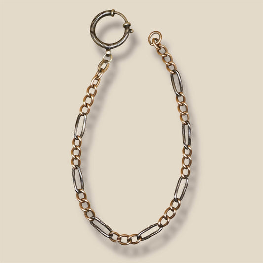 Antique Niello Silver Pocket Watch Chain Bracelet, Rose Gold Vermeil Curb Links MB30