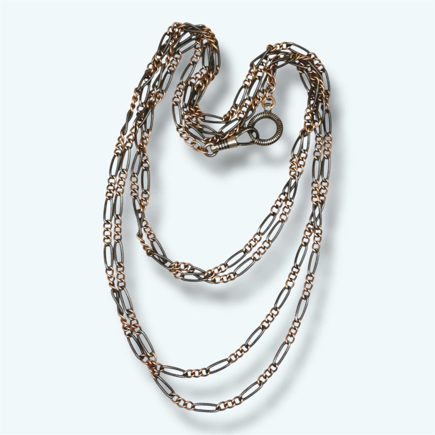 Antique Victorian Niello Silver Guard Chain Necklace, Rose Gold Vermeil MB23