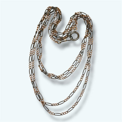 Antique Victorian Niello Silver Guard Chain Necklace, Rose Gold Vermeil MB23