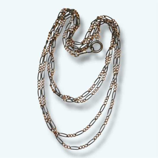 Antique Victorian Niello Silver Guard Chain Necklace, Rose Gold Vermeil MB23