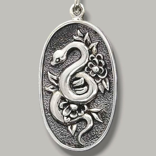 Solid 925 Sterling Silver Flower and Snake Pendant