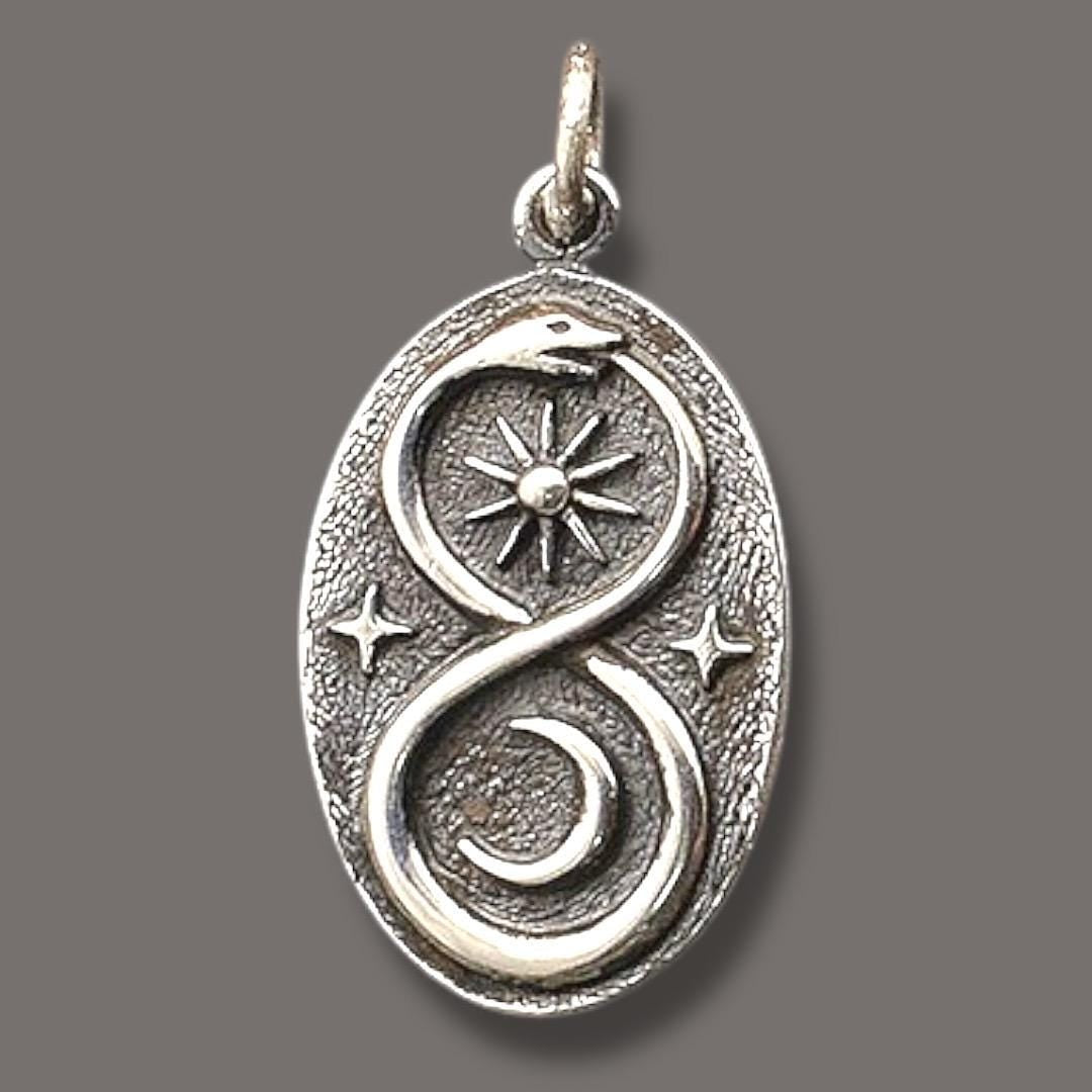 Solid 925 Sterling Silver Infinity Snake with Sun and Moon Oval Pendant