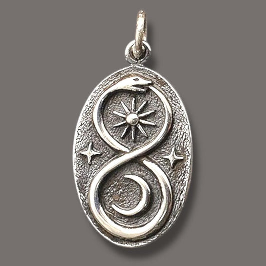 Solid 925 Sterling Silver Infinity Snake with Sun and Moon Oval Pendant