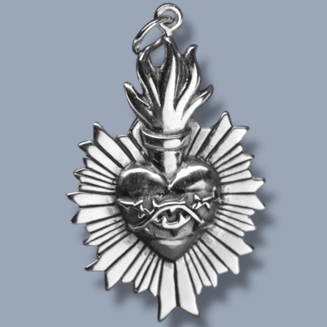 Solid 925 Sterling Silver Sacred Flaming Heart with Thorns Pendant