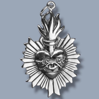Solid 925 Sterling Silver Sacred Flaming Heart with Thorns Pendant