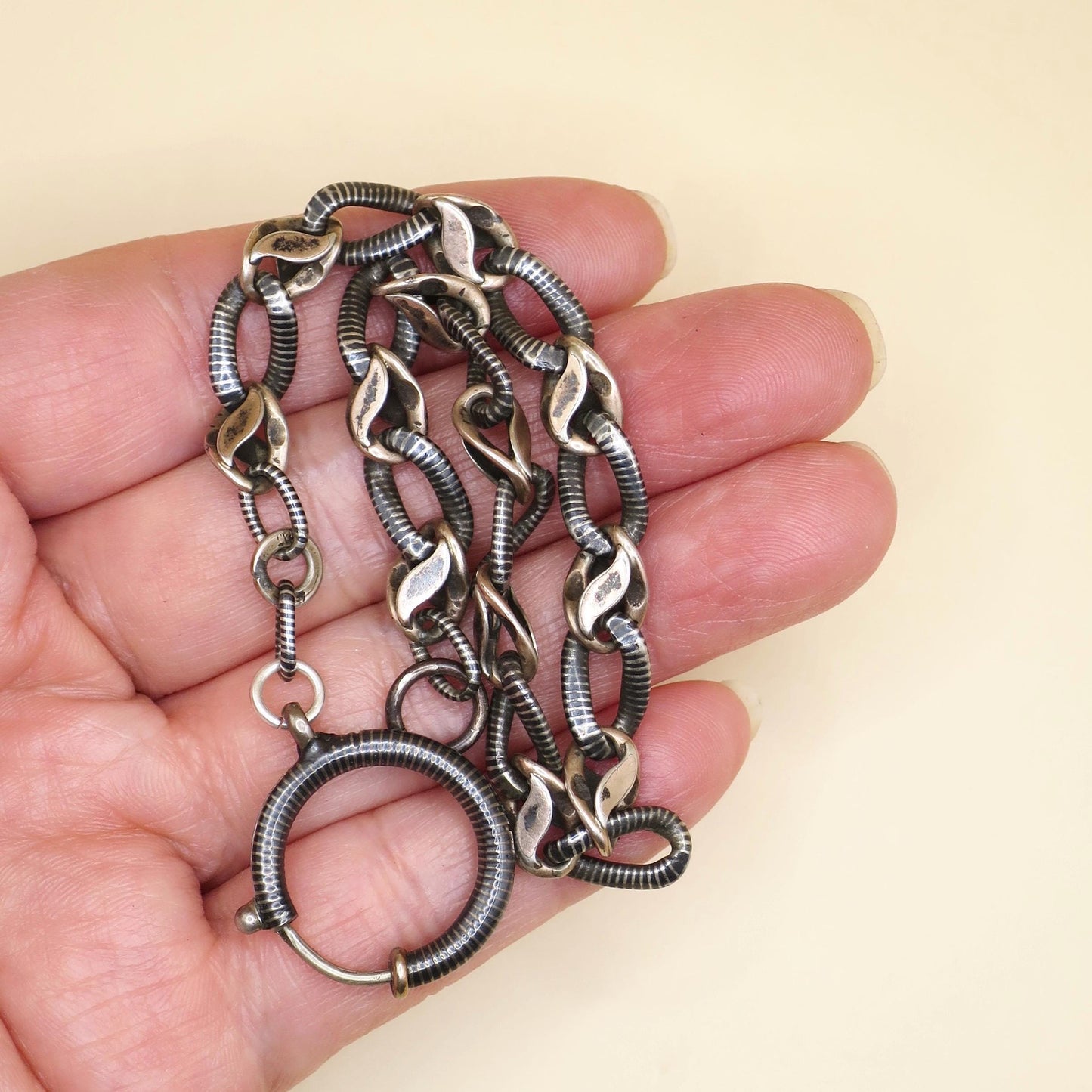 Antique Niello Silver & Rose Gold Vermeil Chain Bracelet, 9.5" Length MB28
