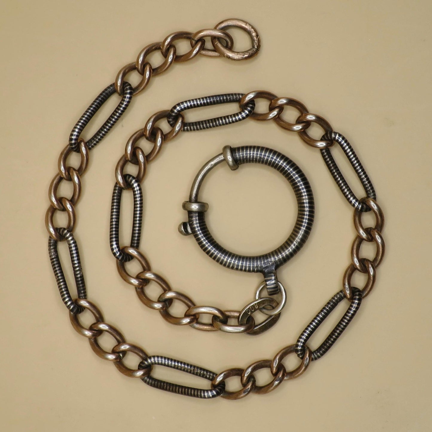 Antique Niello Silver Pocket Watch Chain Bracelet, Rose Gold Vermeil Curb Links MB30