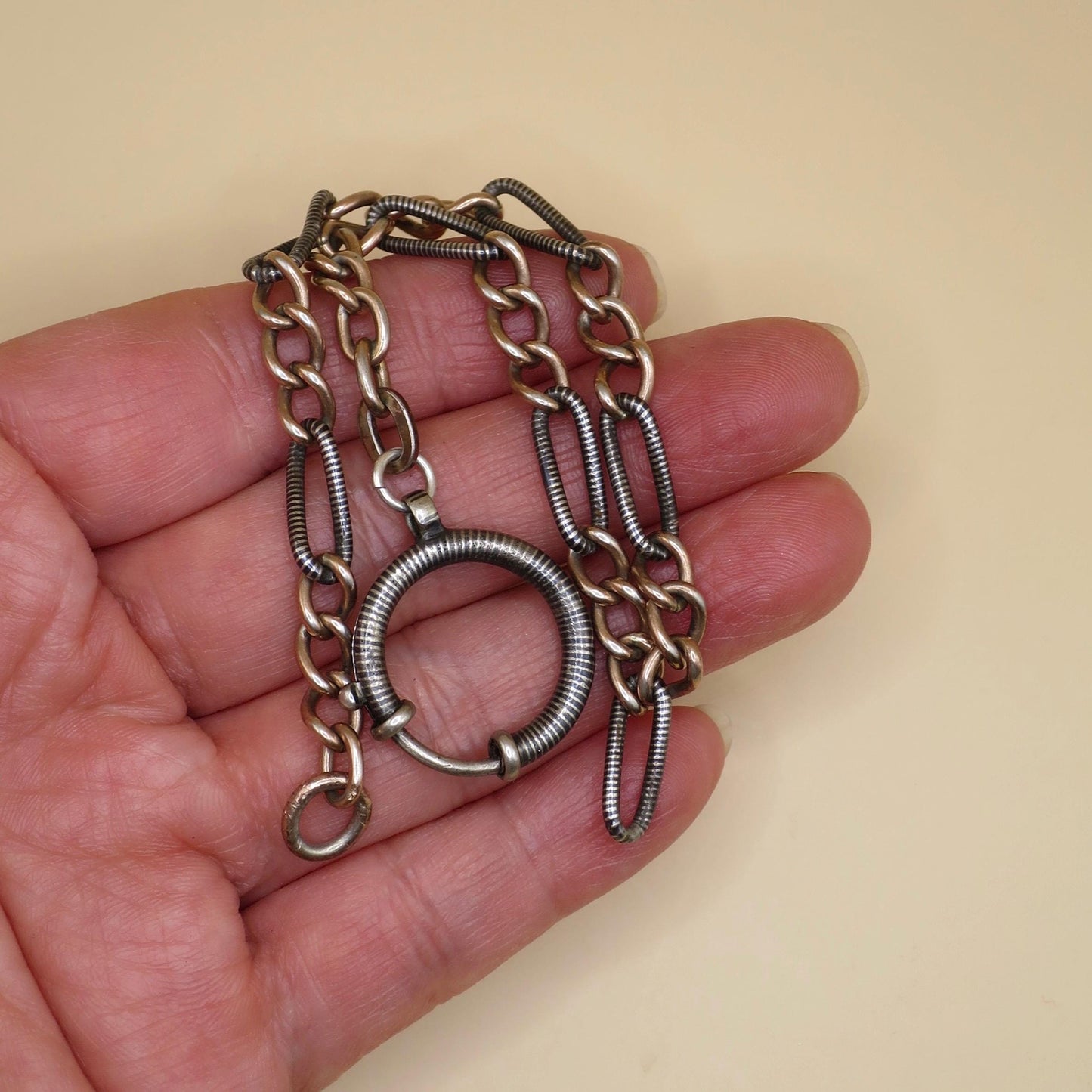 Antique Niello Silver Pocket Watch Chain Bracelet, Rose Gold Vermeil Curb Links MB30
