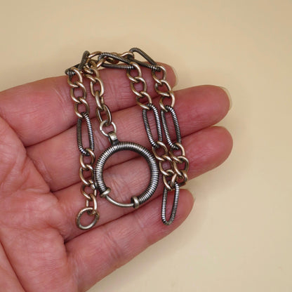 Antique Niello Silver Pocket Watch Chain Bracelet, Rose Gold Vermeil Curb Links MB30