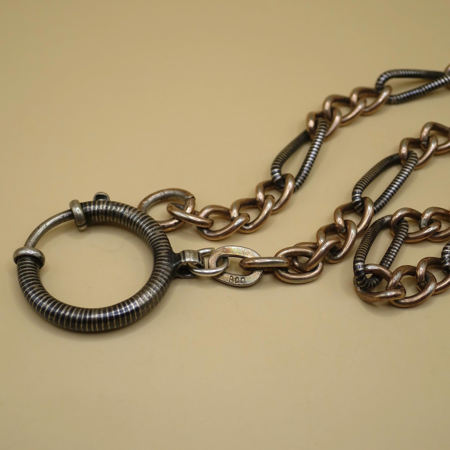 Antique Niello Silver Pocket Watch Chain Bracelet, Rose Gold Vermeil Curb Links MB30