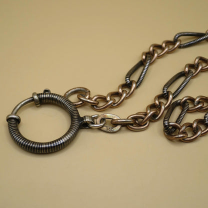 Antique Niello Silver Pocket Watch Chain Bracelet, Rose Gold Vermeil Curb Links MB30
