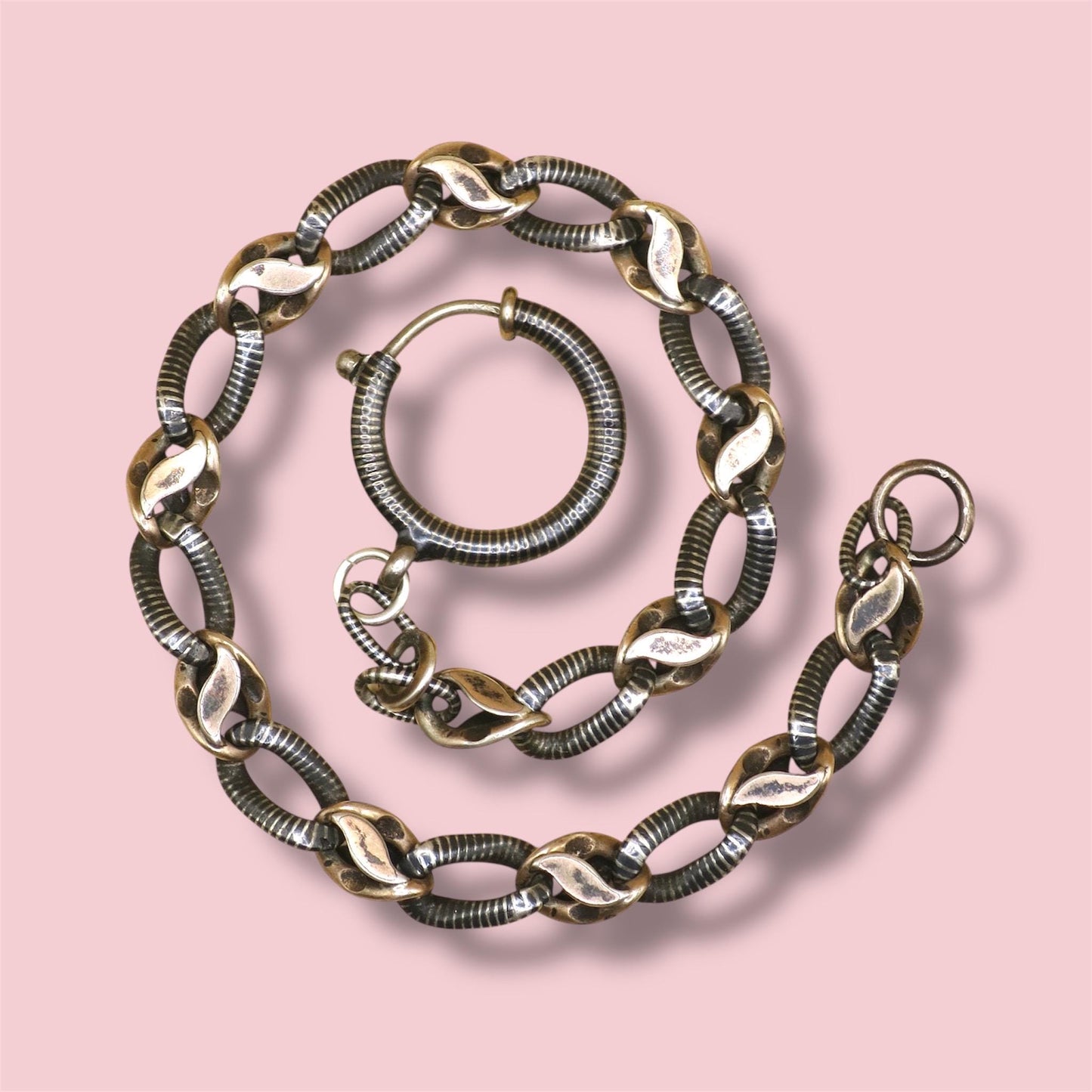 Antique Niello Silver & Rose Gold Vermeil Chain Bracelet, 9.5" Length MB28