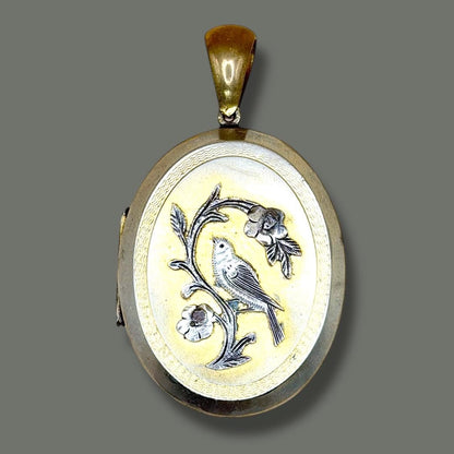 Antique Victorian Gold Gilt Metal with Forget-Me-Not Flowers & Bird Locket Pendant