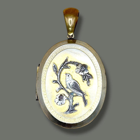 Antique Victorian Gold Gilt Metal with Forget-Me-Not Flowers & Bird Locket Pendant