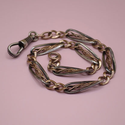 Antique Victorian Niello 800 Silver Pocket Watch Chain Bracelet - 12k Rose Gold Vermeil MB46