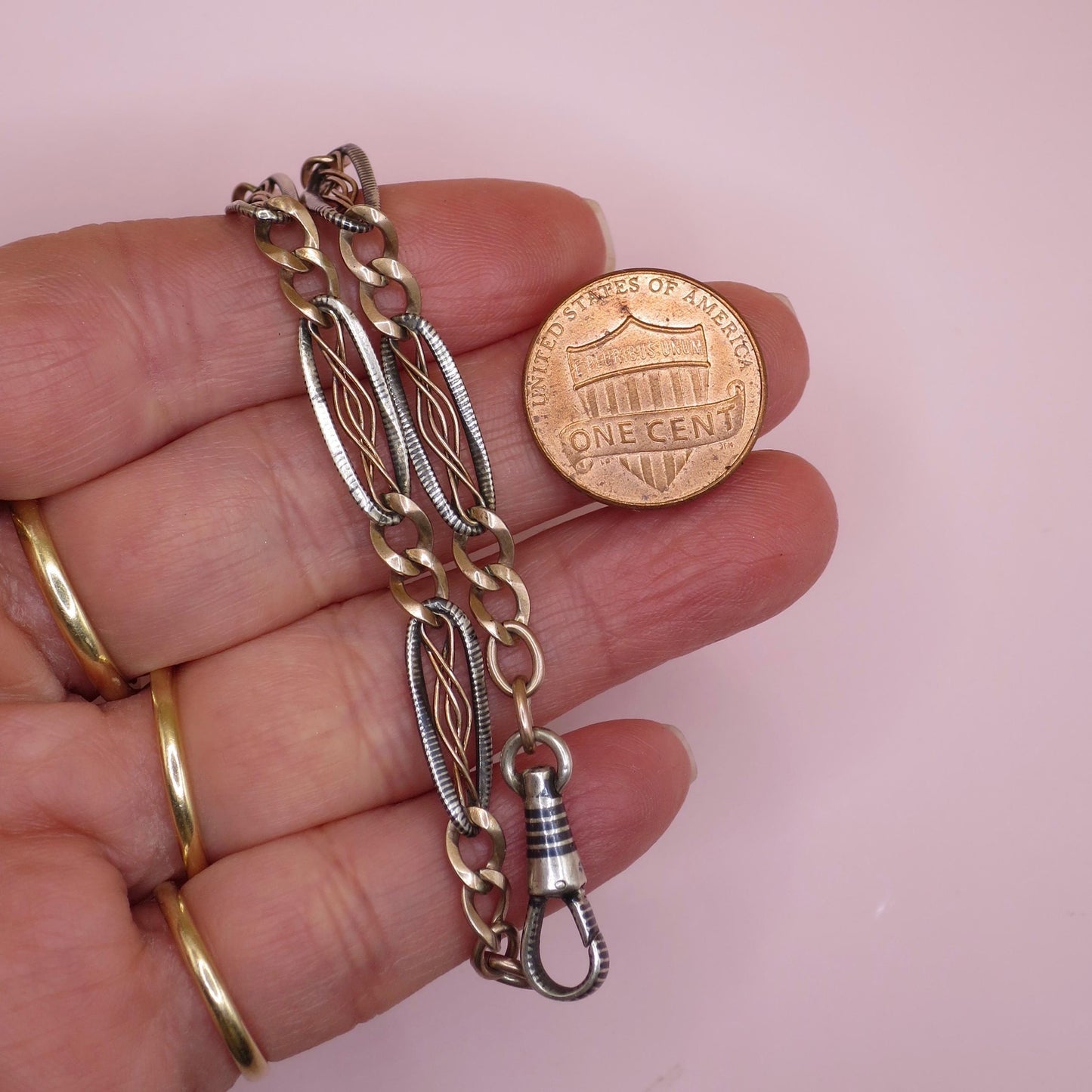Antique Victorian Niello 800 Silver Pocket Watch Chain Bracelet - 12k Rose Gold Vermeil MB46