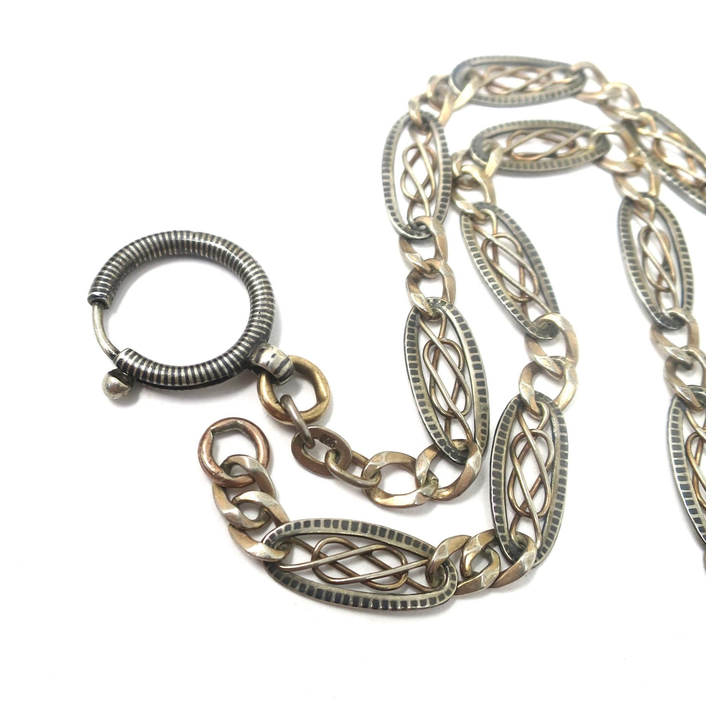 Antique Victorian 800 Niello Silver & Rose Gold Gilt Watch Chain Necklace MB20