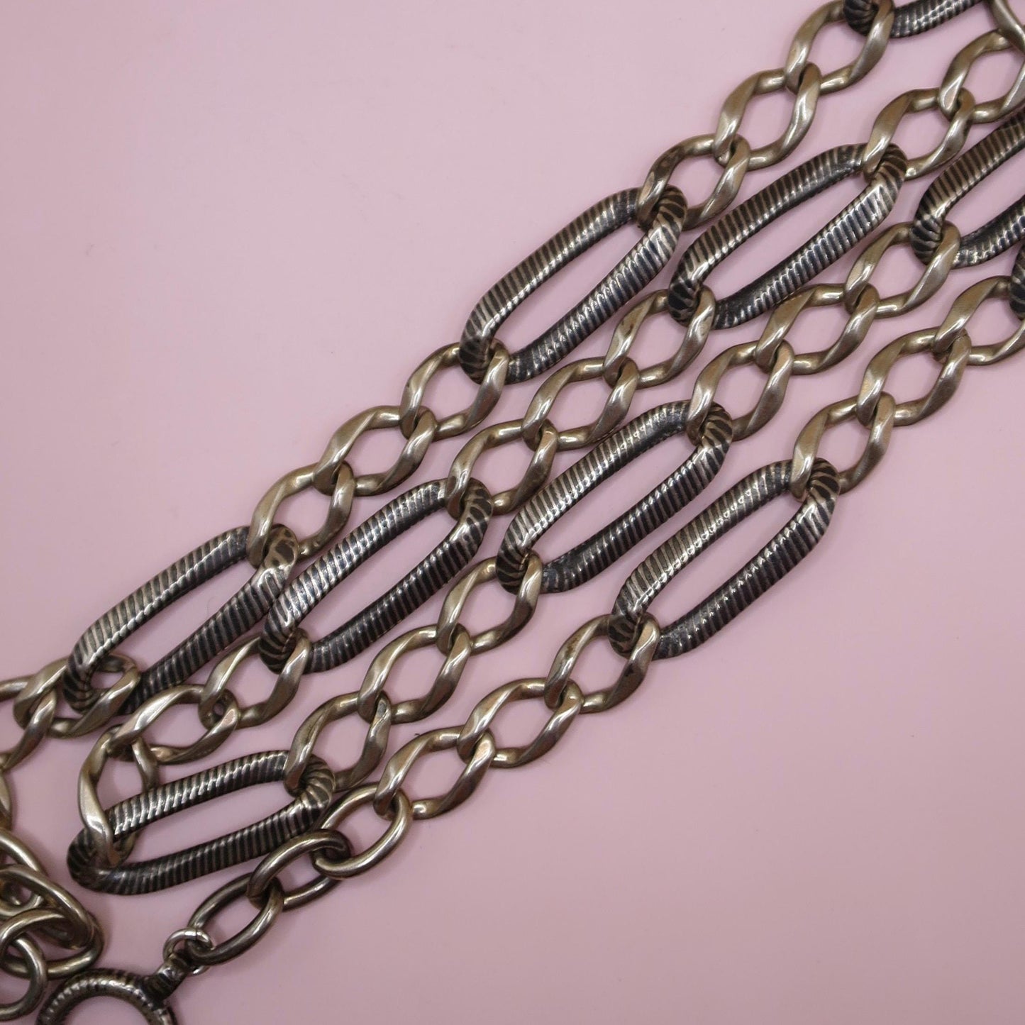Antique Victorian Niello Silver Pocket Watch Chain Bracelet, 19" inches MB47