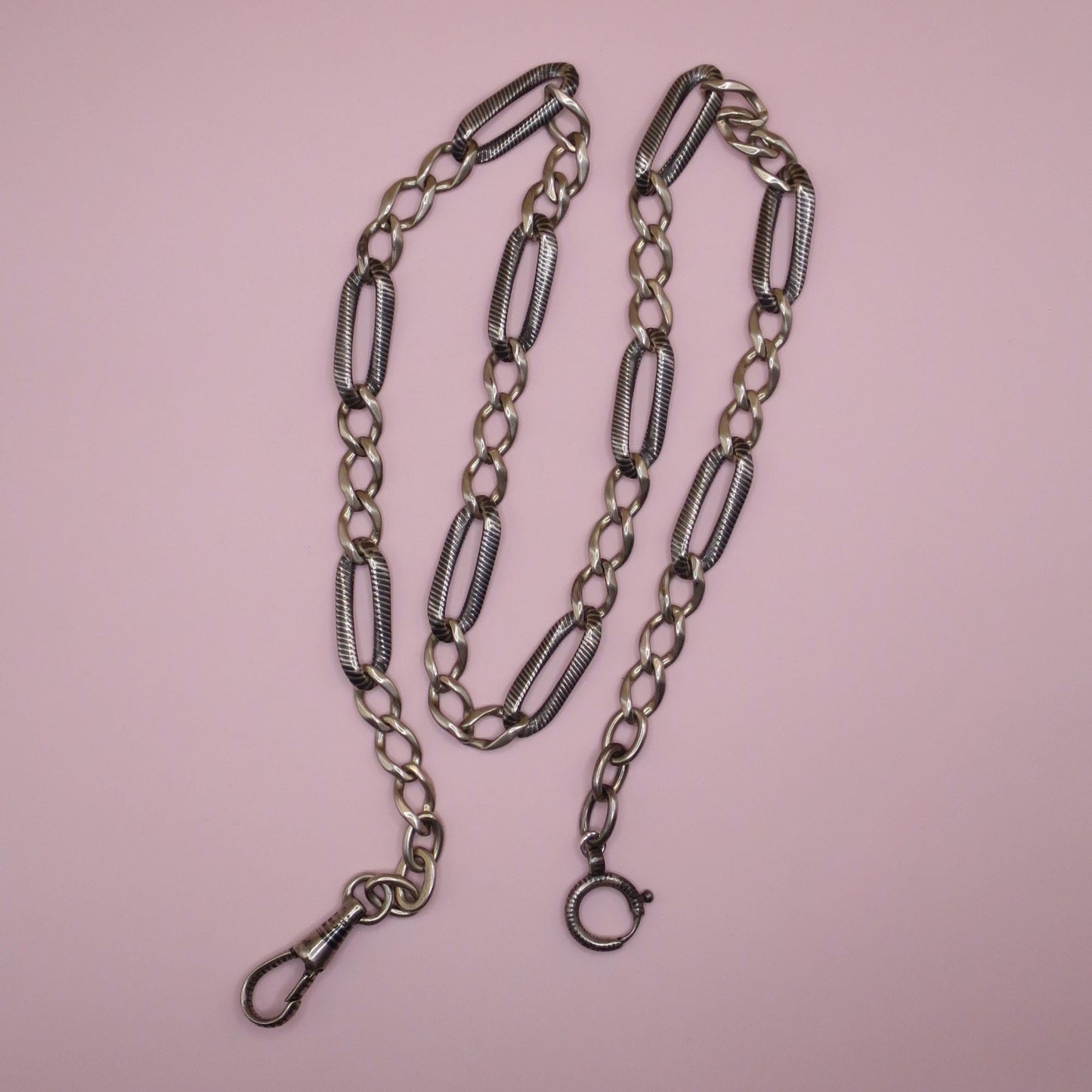 Antique Victorian Niello Silver Pocket Watch Chain Bracelet, 19" inches MB47