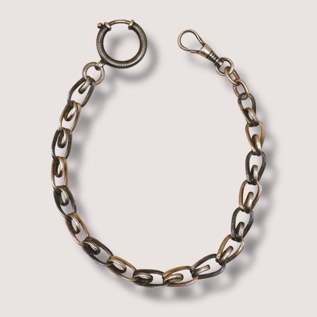 Antique Niello Silver Pocket Watch Chain, Rose Gold Gilt, 10" MB16