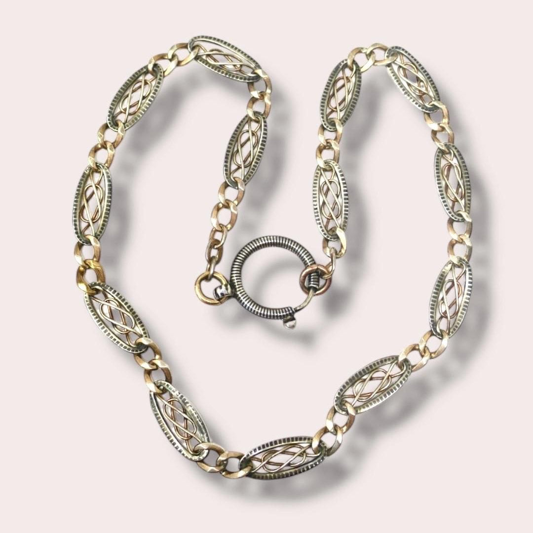 Antique Victorian 800 Niello Silver & Rose Gold Gilt Watch Chain Necklace MB20