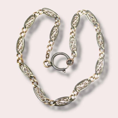Antique Victorian 800 Niello Silver & Rose Gold Gilt Watch Chain Necklace MB20
