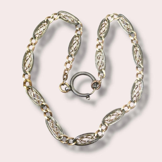 Antique Victorian 800 Niello Silver & Rose Gold Gilt Watch Chain Necklace MB20