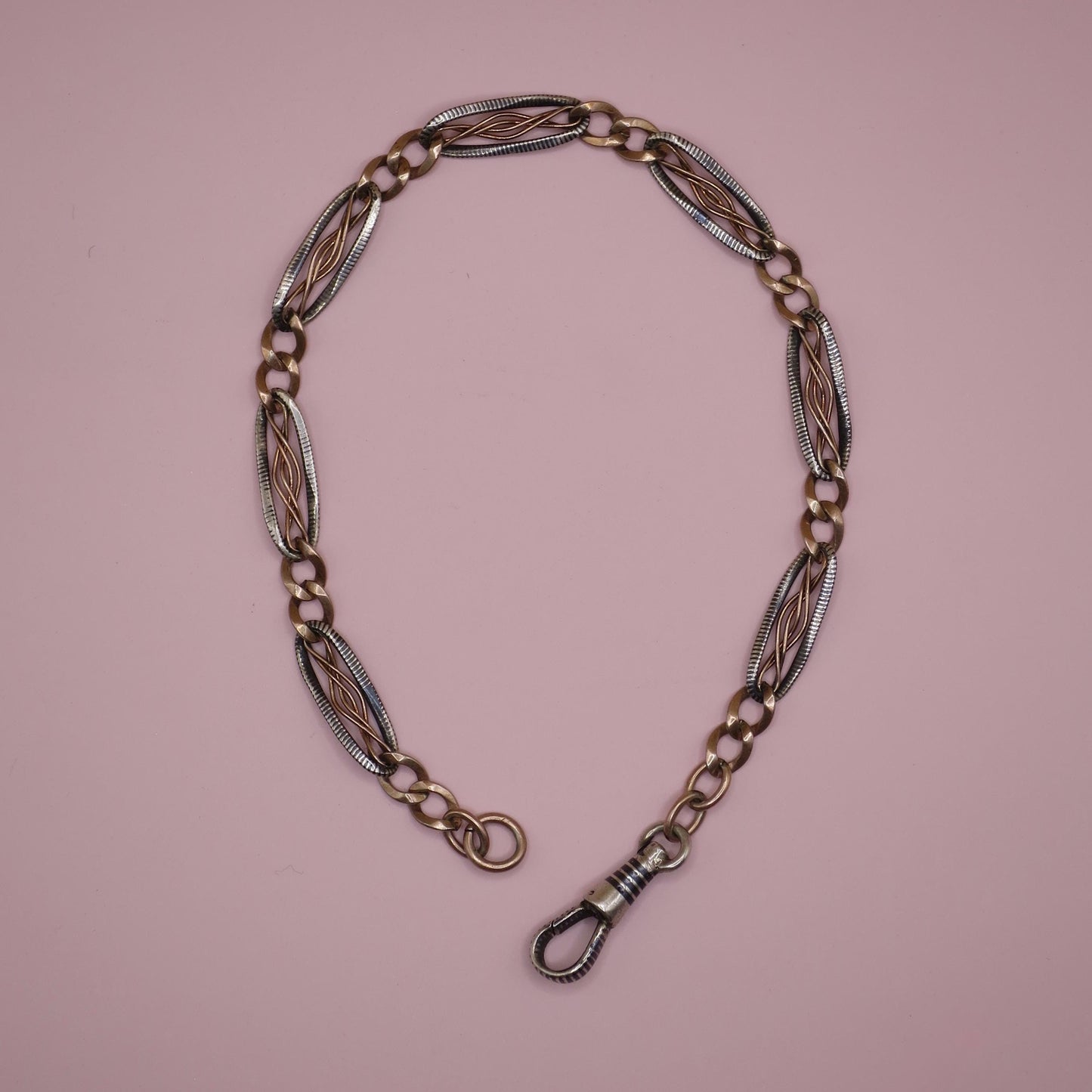 Antique Victorian Niello 800 Silver Pocket Watch Chain Bracelet - 12k Rose Gold Vermeil MB46