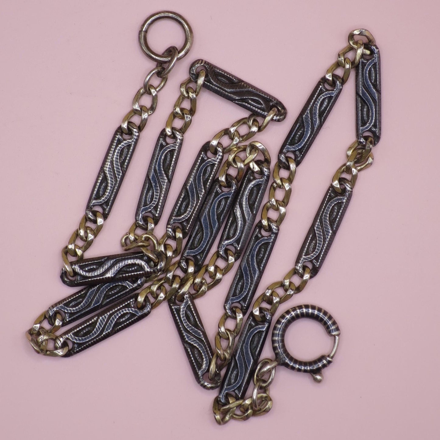 Antique Victorian Niello Silver Pocket Watch Chain: Bar Link Choker, 800 Silver MB10